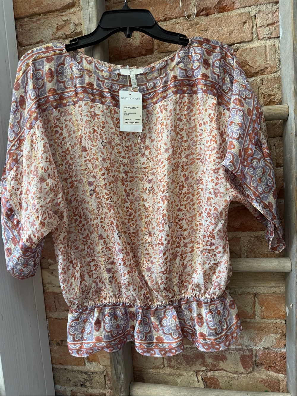 Boho Floral Peasant Blouse in Rust & Cream